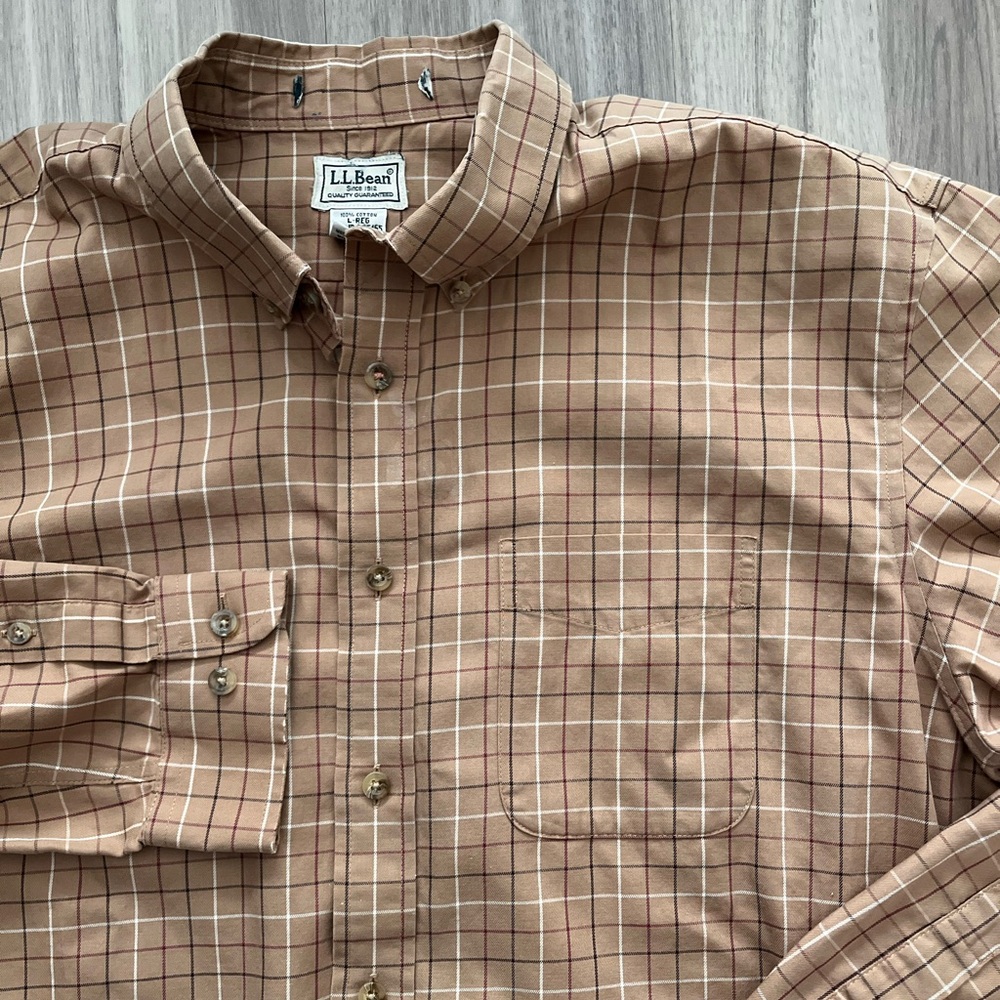LL Bean Mens Nova Check Plaid Traditional Fit Shirt Size Large Button Down Tan